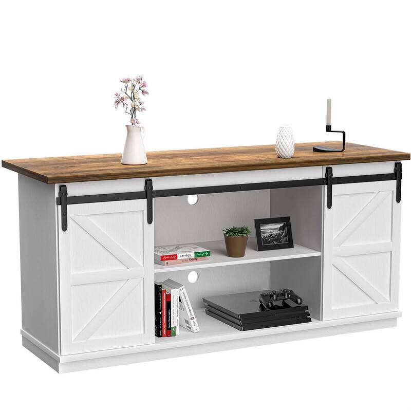 TV Stand 2 -shelf for TVs 43'' up to 65''. Simple living and Modern Mid-century, farmhouse barn door -easy to store something