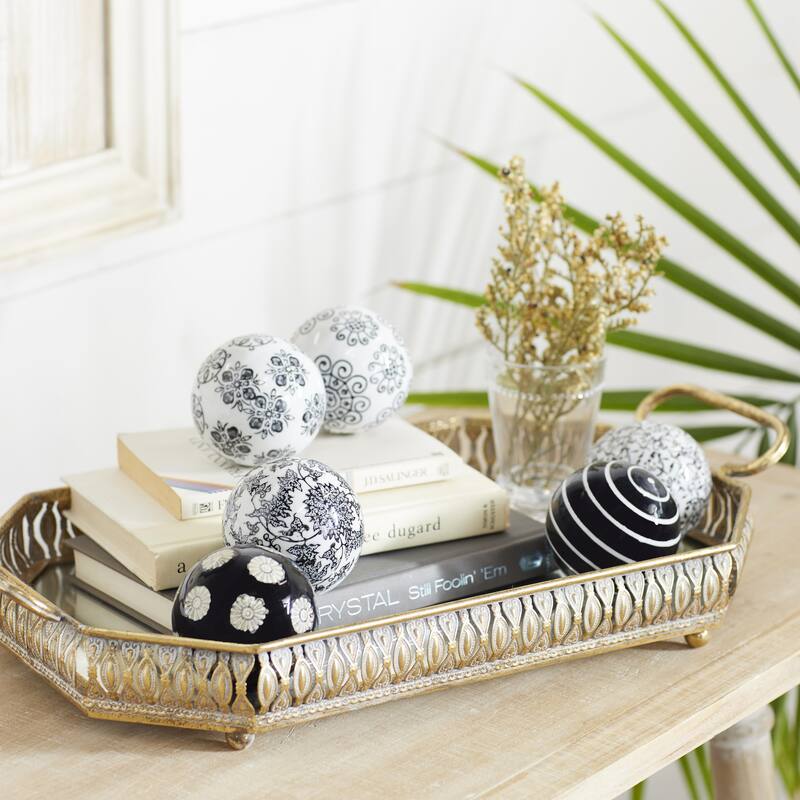 Ceramic Floral Handmade Glossy Decorative Orbs & Vase Filler with Varying Patterns - Set of 6 Black or Blue - Roche River Decor