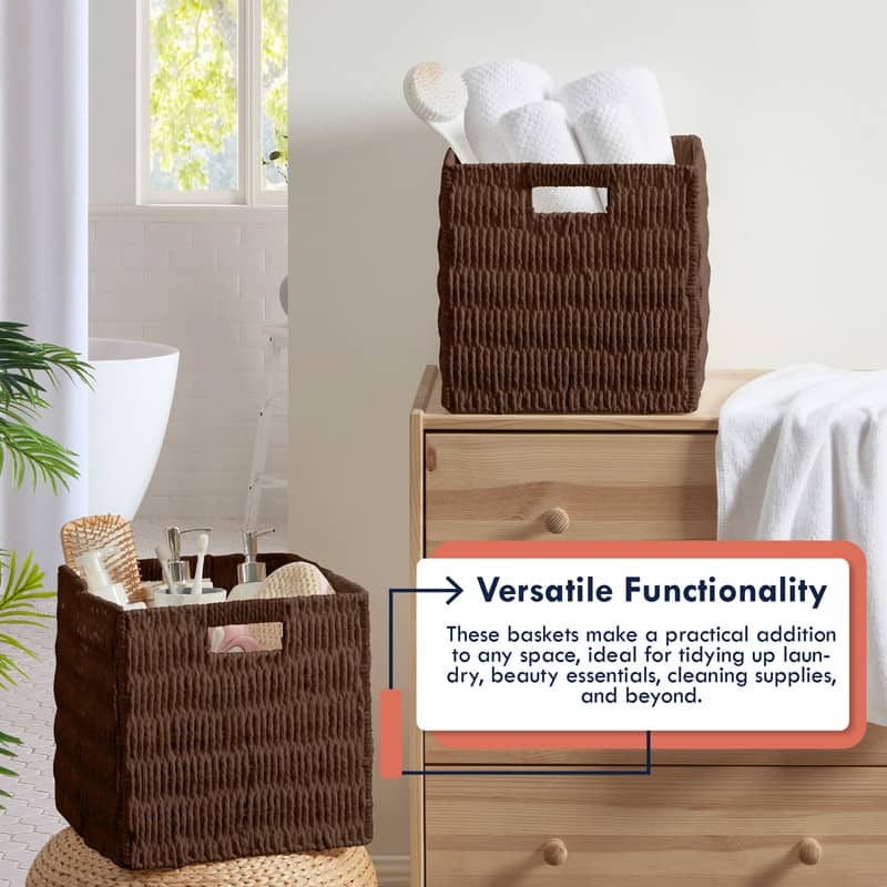 2 Pack Foldable Paper Wicker Shelf Storage Basket Cube Bin with Handles