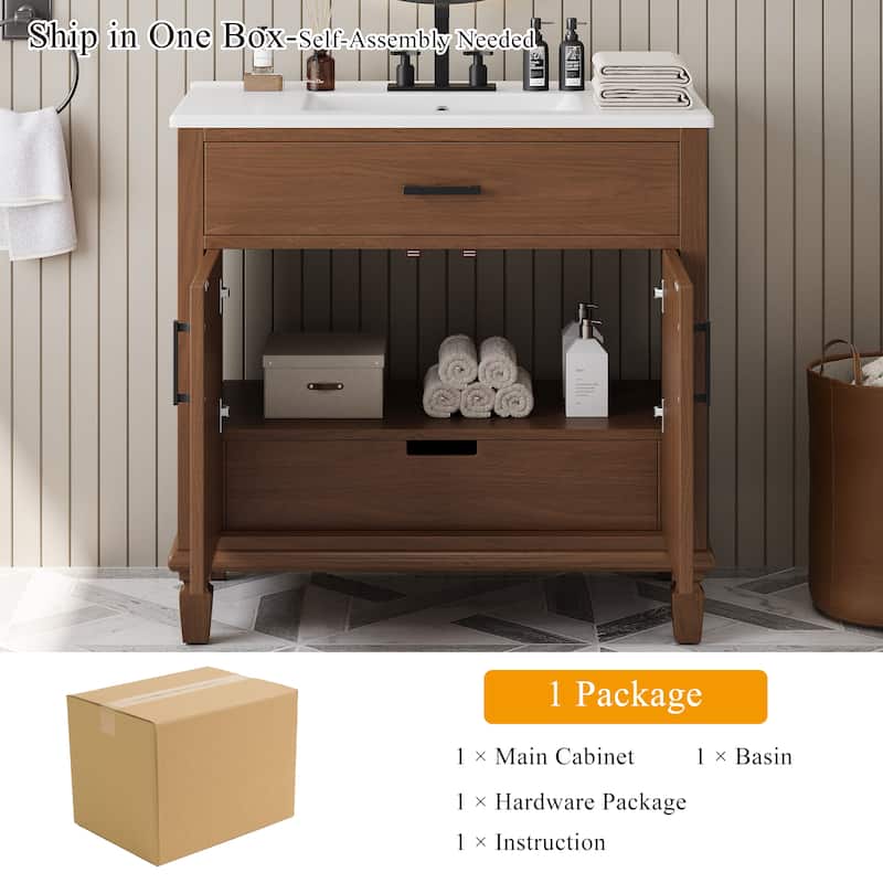 36" Rattan Modern Bathroom Vanity with Ceramic Sink - 2 Soft-Close Doors & 3 Drawers, Solid Wood Legs, Spacious Storage