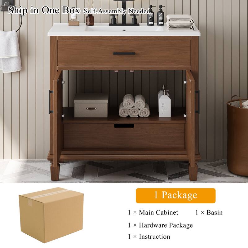36"Bathroom Vanity with Ceramic Sink,Bathroom Cabinet with 2 Soft Close Doors and 3 Drawers,Free-standing Vanity with Wood Legs