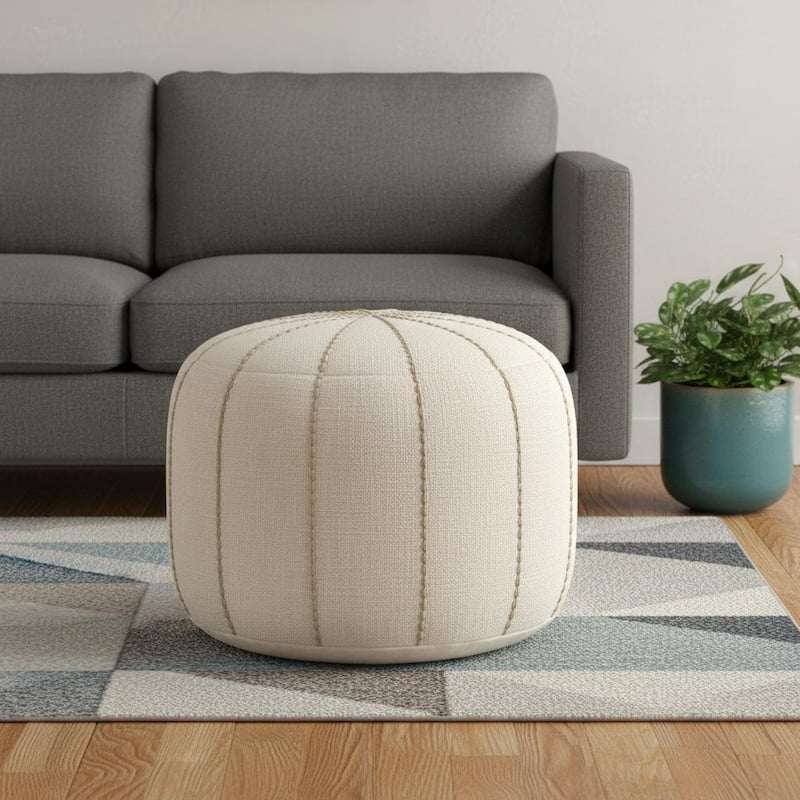 HomeRoots 18" Beige and Taupe Fabric Striped Round Pouf Ottoman - Beige/Taupe - 18.00 in. x 14.00 in. x 18.00 in.