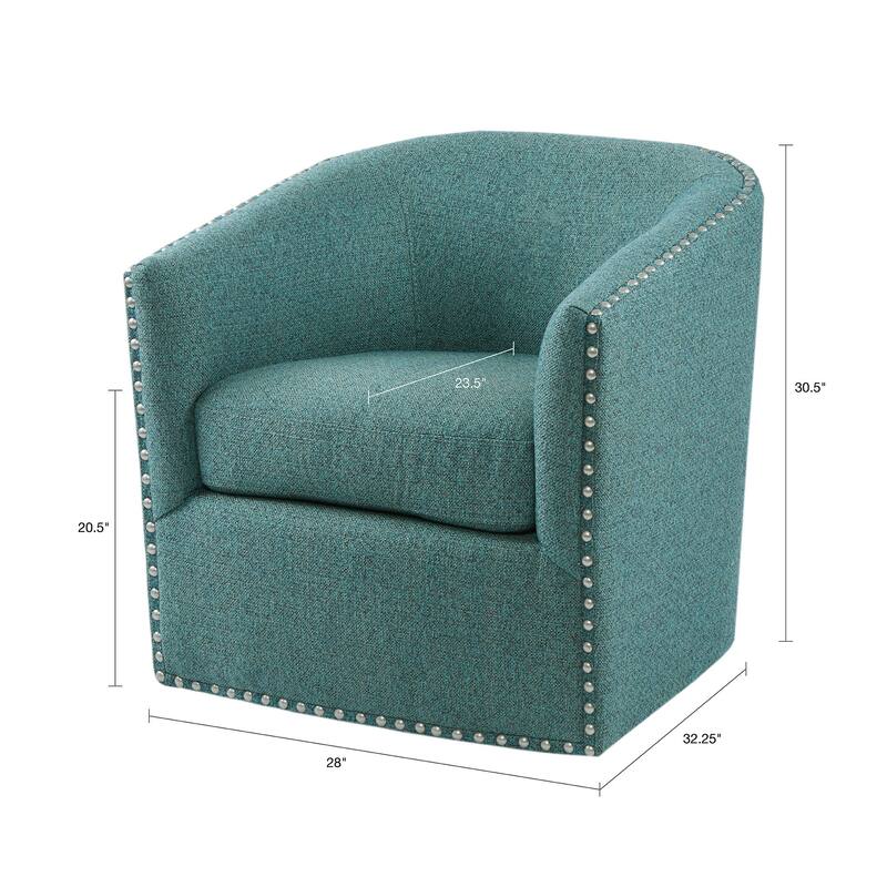 Roomfitters Swivel Accent Chair, Upholstered Barrel Armchair with 360 Degree Metal Base and Nailhead Trim