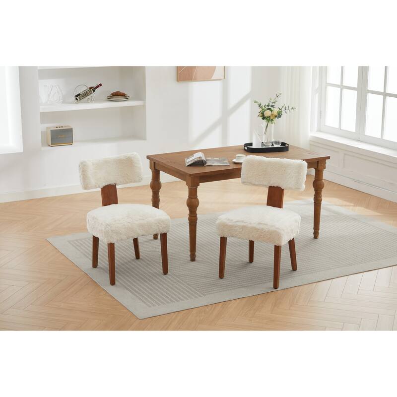 Dining Chairs Set of 2, Fur Fabric Armless Chairs with Curved Wingback and Solid Wood Legs for Dining Room