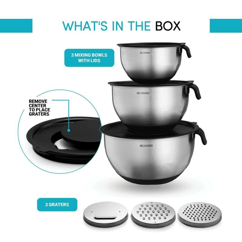 Stainless Steel Mixing Bowls Set of 3, with Lids & Graters,