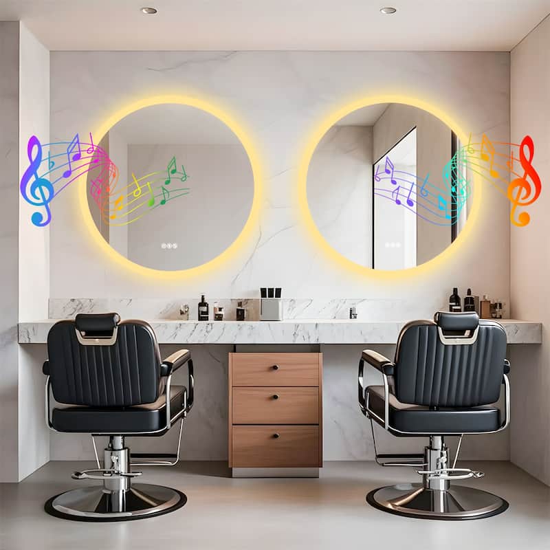 32" Round Wall Illuminated Bathroom Mirror with Lights Bluetooth Speaker Dimmable Defogging - 31.50” x 31.50”