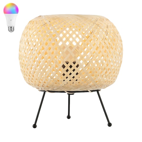 Chakrii 10.75" Bohemian Rustic Iron/Rattan LED Mini Table Lamp with Smart Bulb, Black/Brown by JONATHAN Y