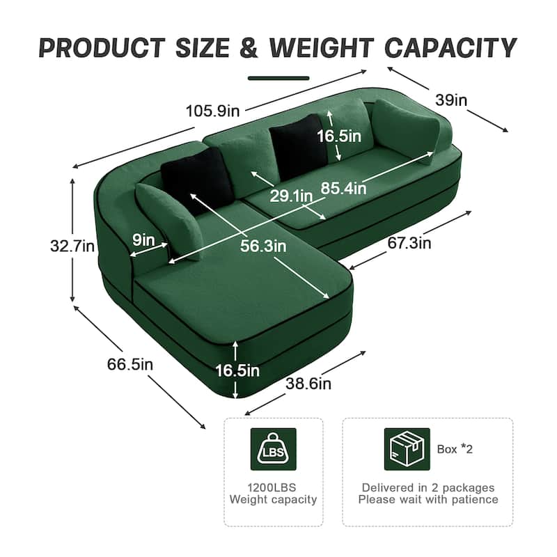Roomfitters No Assembly Modular Sofa, 106 Inch Teddy Fabric Floor Couch with Chaise, Green