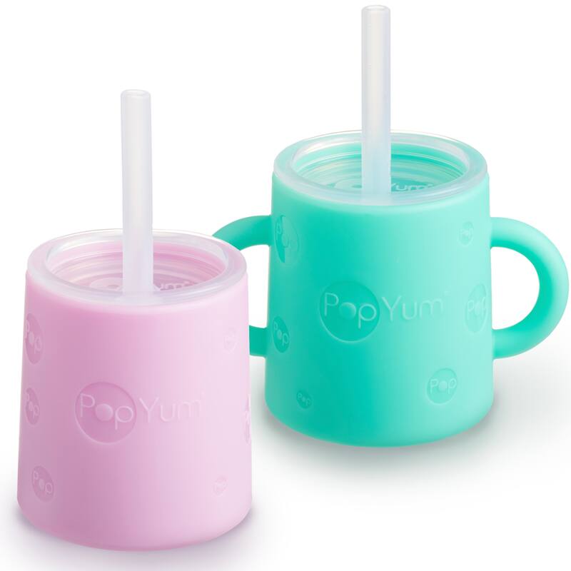 PopYum Silicone Training Cup with Straw and Lid, 2-Pack - Pink/Green