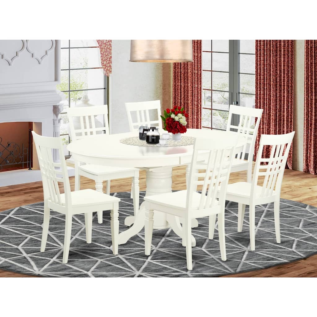 HomeStock 7-Piece Linen White Finish Solid Wood Top Dining Table with 6 Chairs with Lattice Back