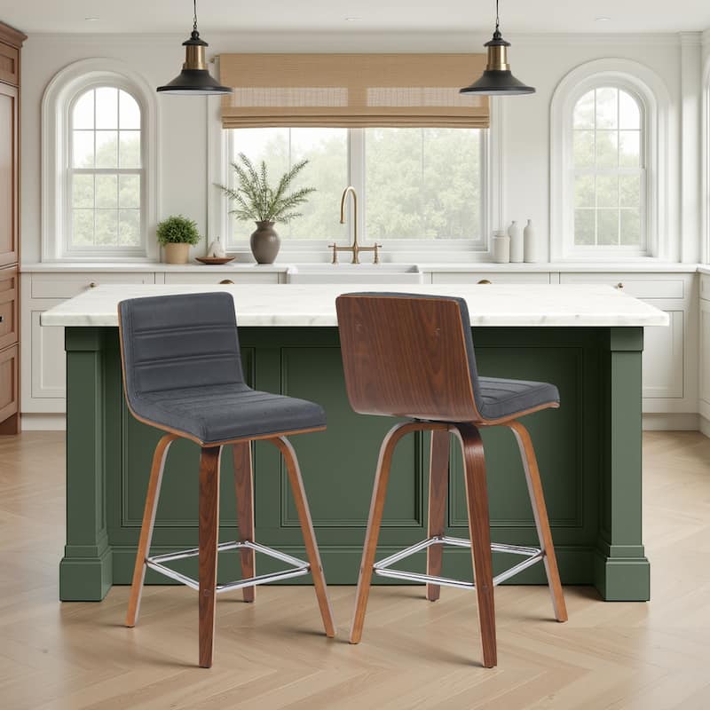 Skara Mid-Century Swivel Counter Stool, Upholstered Counter Height Chair with Bentwood Legs - Vintage Black Faux Leather  & Walnut - Set of 2