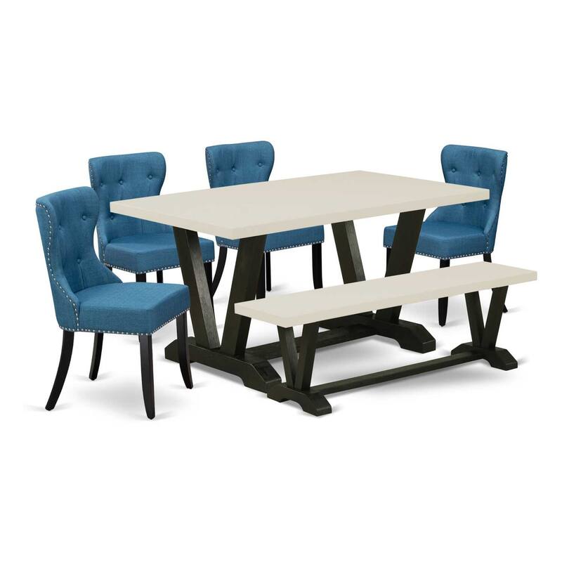 HomeStock 6-Piece Rectangle Natural Oak Finish Solid Wood Top Dining Table with 1-Bench, 4 Upholstered-Chairs