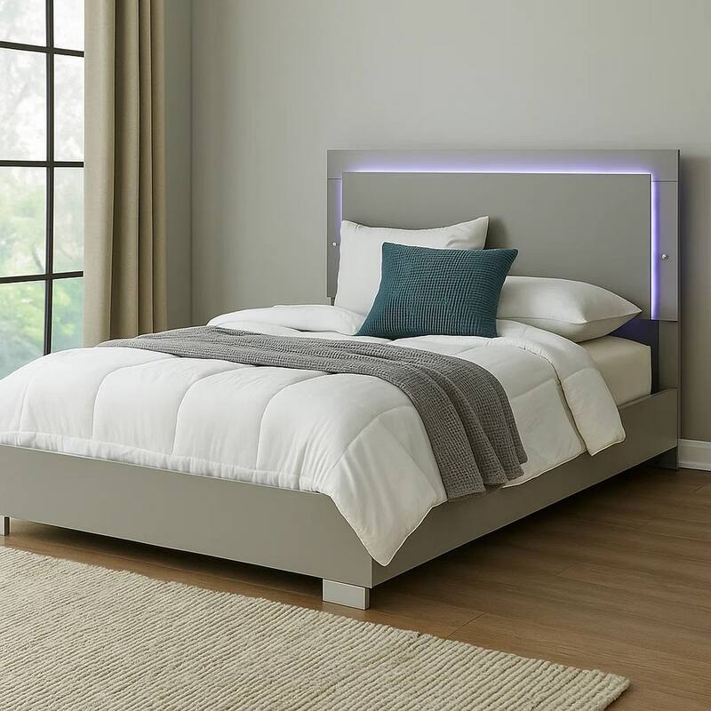 Suni Queen Size Bed w LED Headboard, Light Taupe Gray Wood Frame