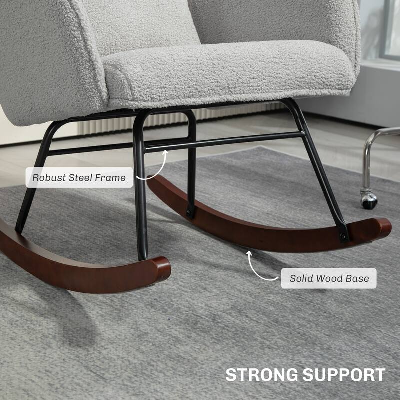 Rocking Chair with Thick Cushion Seat, High Back Armchair with Wooden Base, Lounge Chair with Headrest and Lumber Pillow