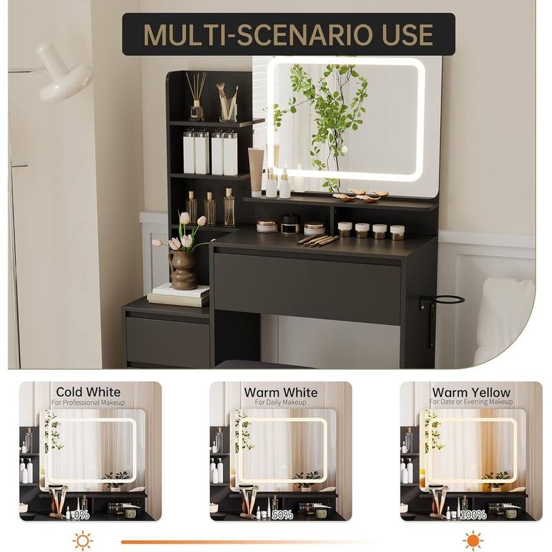 4 Drawer Makeup Vanity Desk Set with Power Outlet, USB Ports, Stool