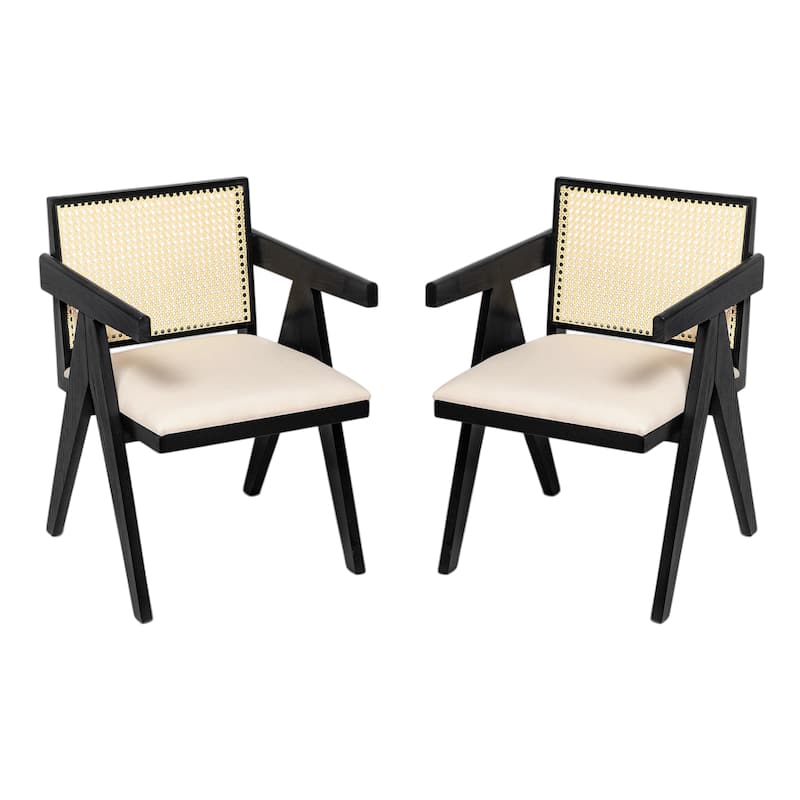 Farmhouse Rattan Dining Chairs Set of 2, Upholstered Armchairs with Backrest, Kitchen Side Chairs with Solid Wood Frame - Black+Natural,Grey