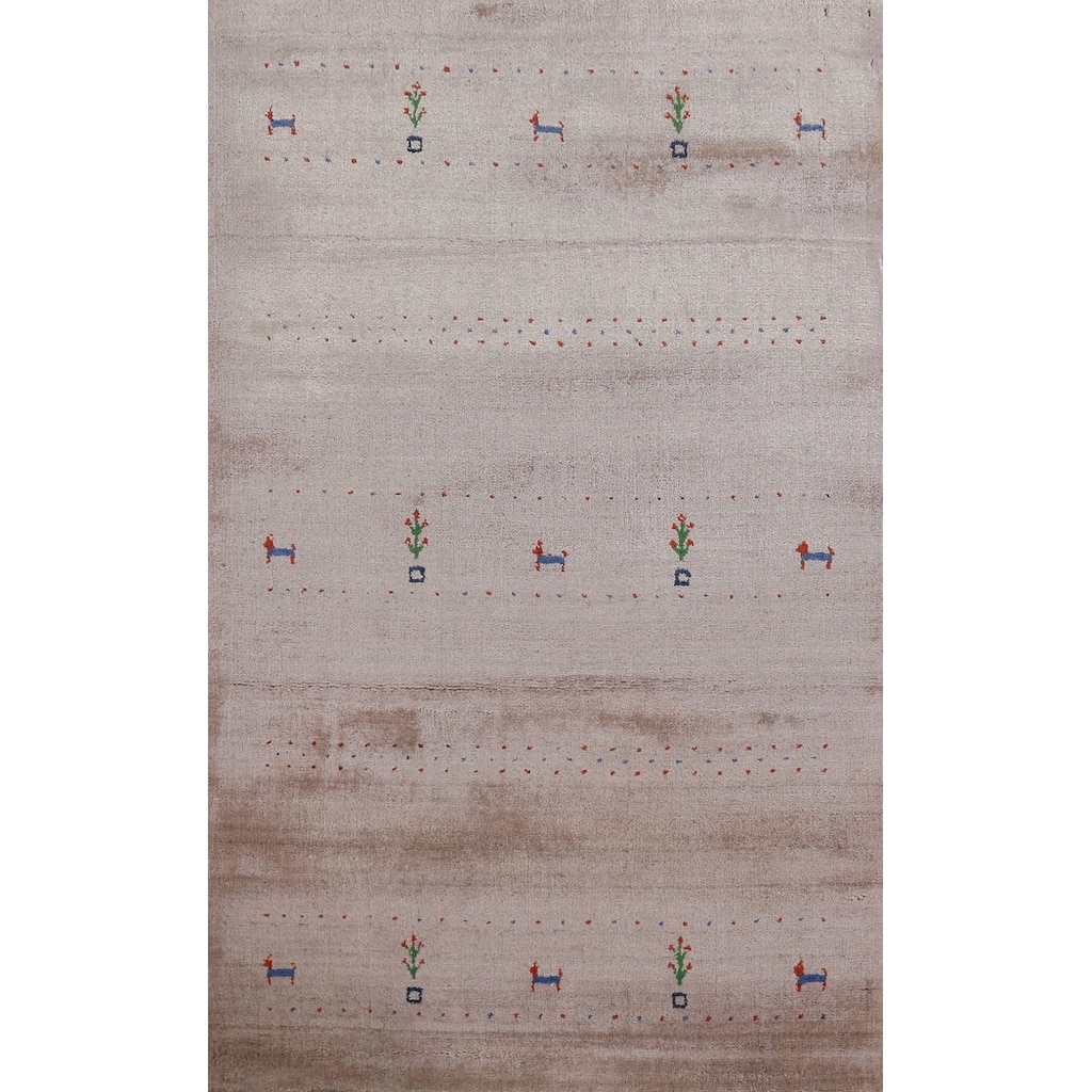 Hand Knotted Oriental 100% Wool Carpet Tribal Animal Pictorial Beige & Ivories Gabbeh Area Rug - 5' 0'' X 3' 0''