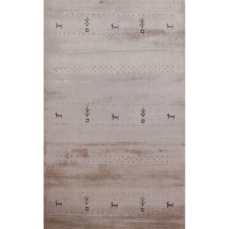 Hand Knotted Oriental 100% Wool Carpet Tribal Animal Pictorial Beige & Ivories Gabbeh Area Rug - 5' 0'' X 3' 0''