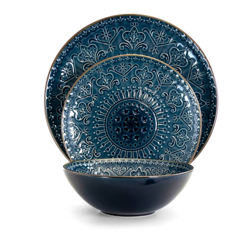 Intricate Emobssed Pattern in Deep Blue Round Stoneware Dinnerware Set 16 Pieces