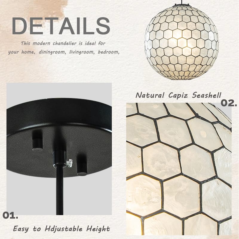 3-Light 18'' Matte Black Cosatal Natural CAPIZ SHELL Globe Lantern Chandelier Glam Hanging Light For Living Room Dining Room