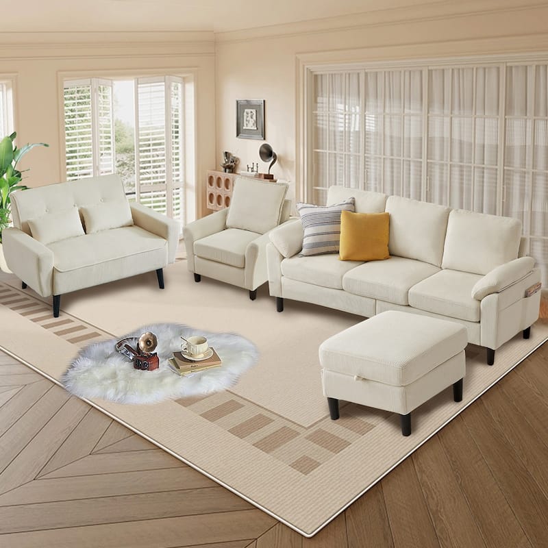 4-Piece Corduroy Living Room Sectional Sofa Set with Loveseat and Chair