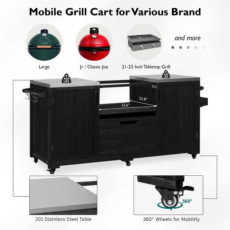 66.5" Kitchen Island Grill Cart for Big Green Egg & Kamado Joe, Solid Wood Cart with Stainless Steel Top, Drawer for Dining Room
