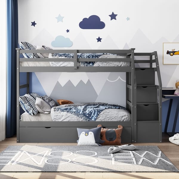 slide 2 of 51, Elegant Twin-Over-Twin Wood Bunk Kids Bed with Twin Trundle,Stairs Grey