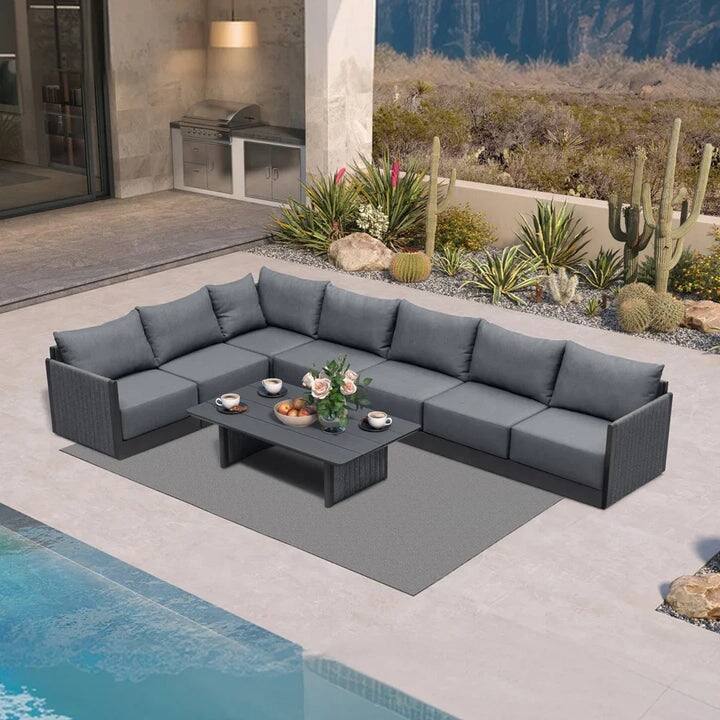 PURPLE LEAF Santorini L-shape 8 Piece Grey Sofa with Ottoman and Cushion for Poolside Garden Outdoor Patio Conversation Set - 7Piece+1Table
