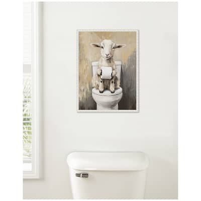 Kate and Laurel Sylvie Goat Holding Toilet Paper Roll Toilet Bathroom Art Framed Canvas by The Creative Bunch Studio