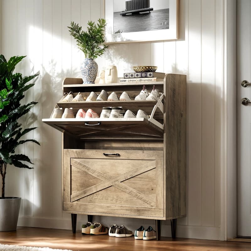 2 Flip 1 Barrier Barn Door Shoe Cabinet Melamine Embossed 31.6in - Washed Gray