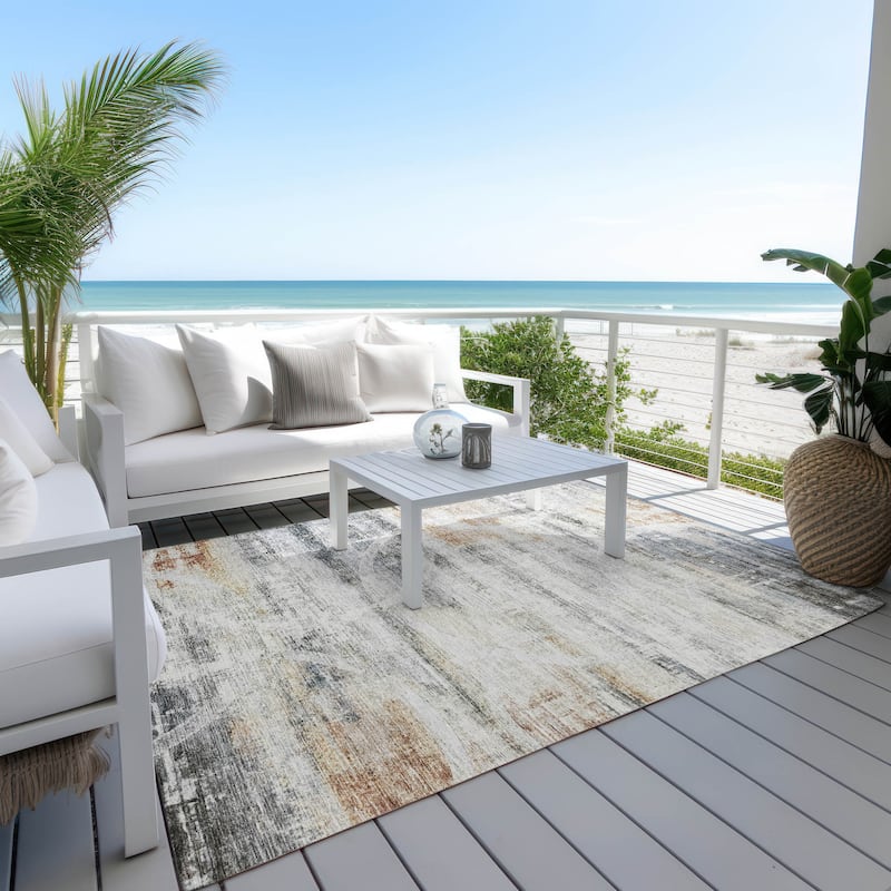 Machine Washable Indoor/ Outdoor Abstract Contemporary Chantille Rug