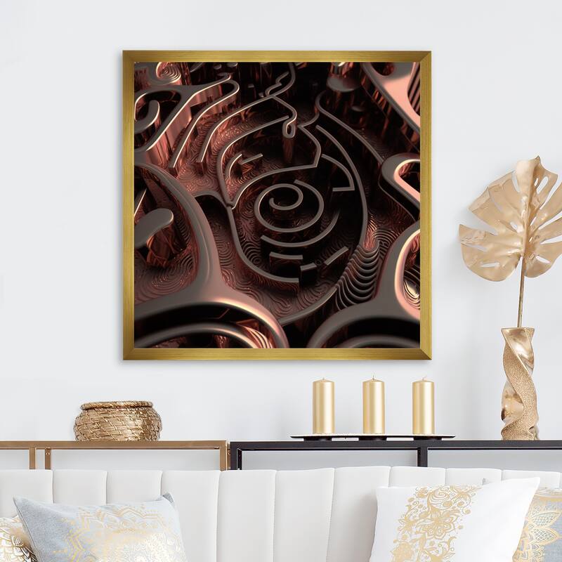 Designart "Futuristic Labyrinth Purple Maze Matrix" Modern Geometric Framed Wall Art Living Room - 16 in. wide x 16 in. high - Gold