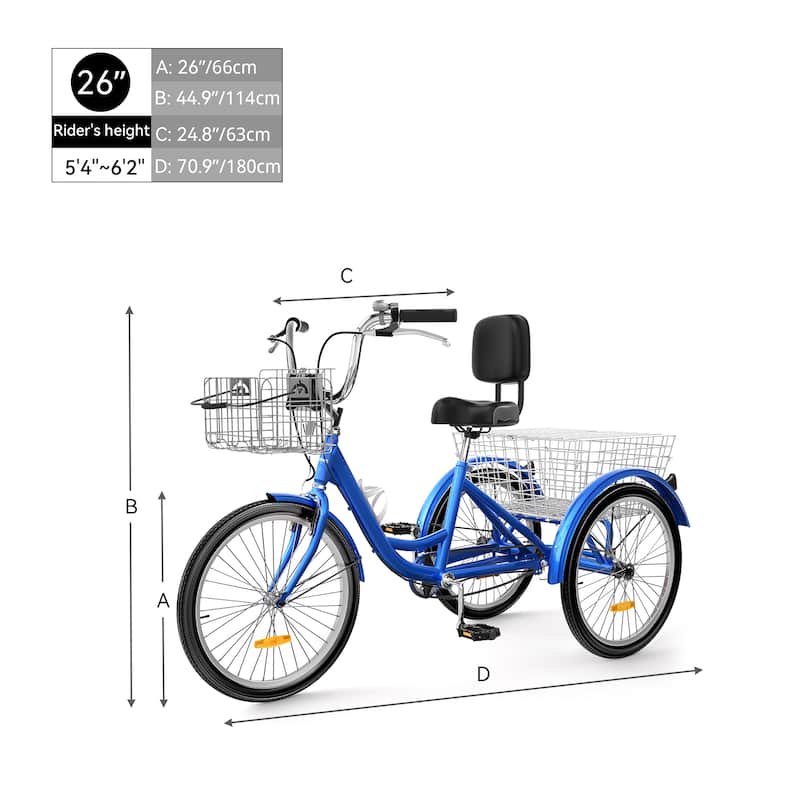 Adult Tricycle Adult Trike 24"/26"1 Speed 3 Wheel Bike w/Removable Basket