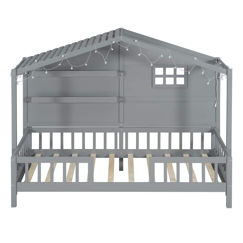 House Bed with Shelves, House Bed with Window and Sparkling Light Strip on the Roof