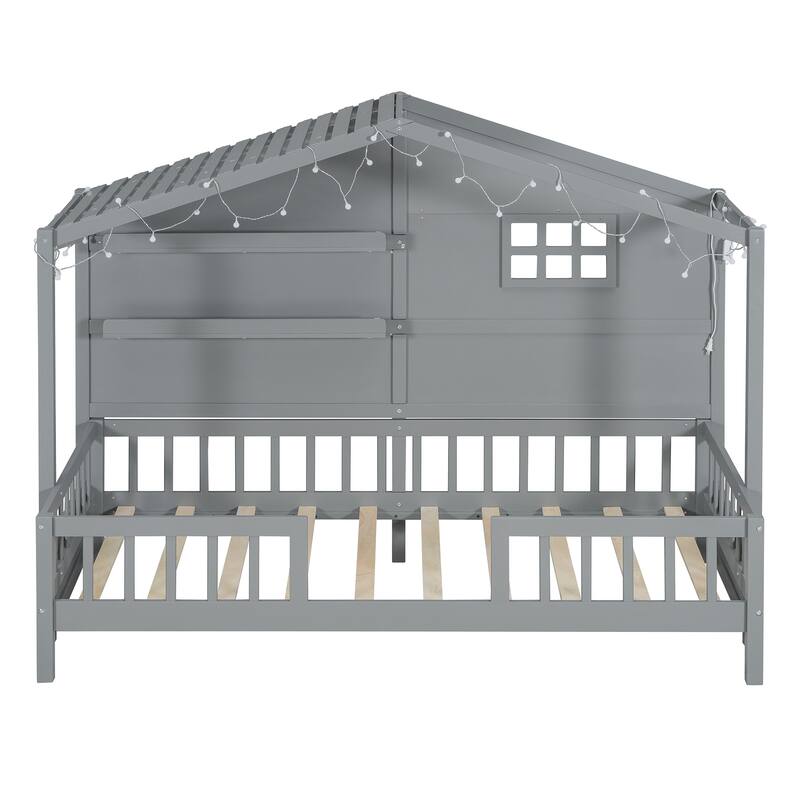 Twin Size House Bed with Shelves, Window and Sparkling Light Strip on The Roof, Kids Wood Platformbed Frame for Bedroom