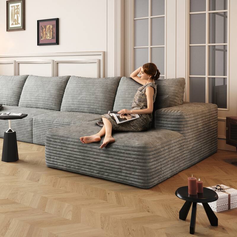 No-Assembly Required Modular Grey Ottoman with Plush Corduroy Fabric for Comfort