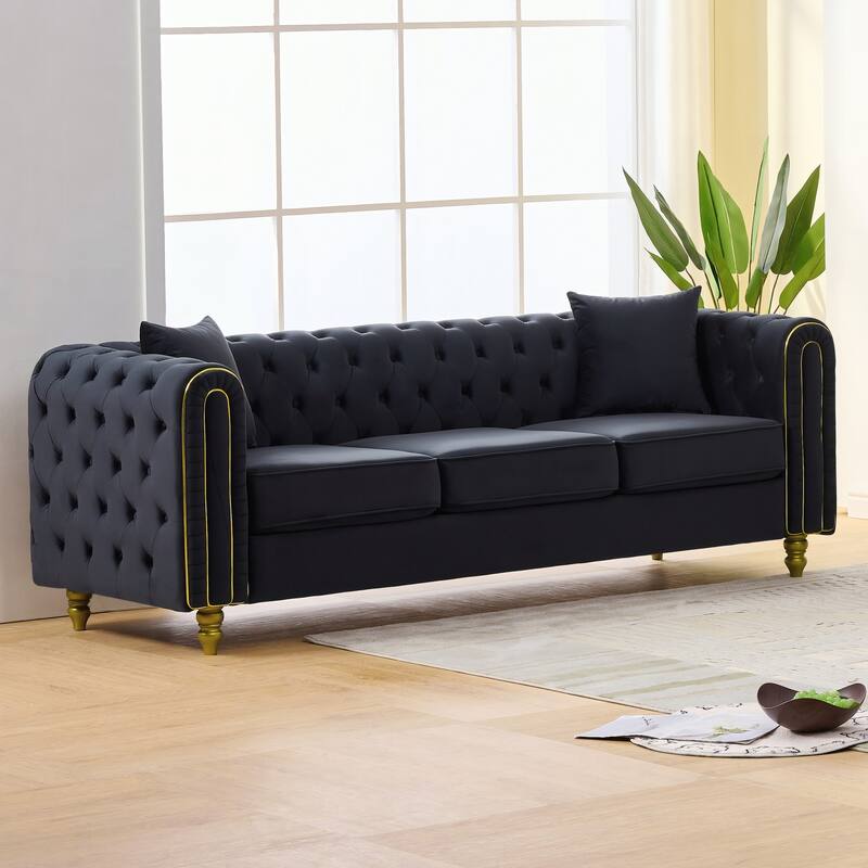 Roomfitters 86" Modern Upholstered Chesterfield Tuxedo Sofa with Gold Trim, Button Back 3-Seater Couch for Living Room
