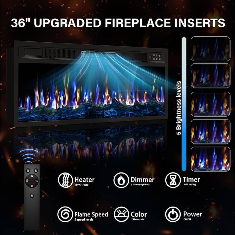 Bossin 70" Fireplace TV Stand with 36" Electric Fireplace, TV Stand for TVs Up to 80", 20 Colors LED Lights/Entertainment Center