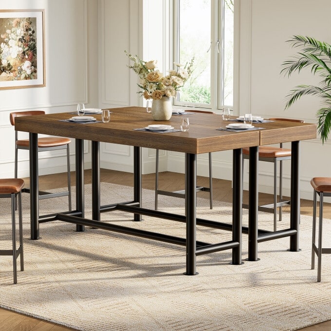 63-Inch Solid Wood Bar Height Dining Pub Table with Metal Frame