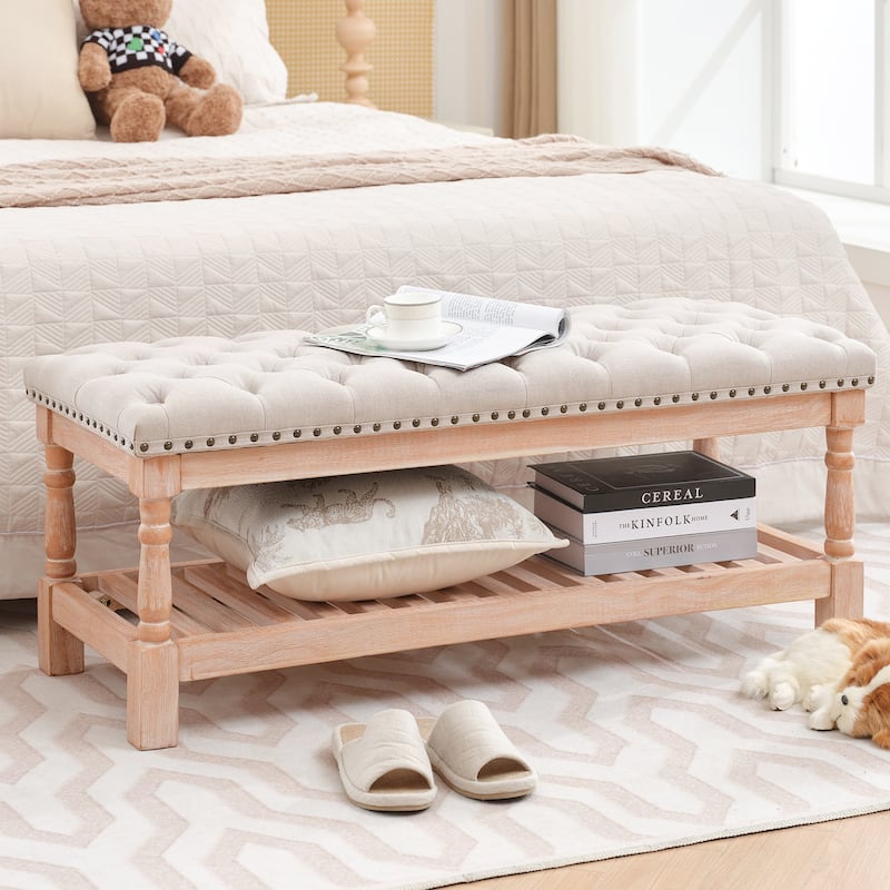 Upholstered Wood Bed Bench/Ottoman - Off White