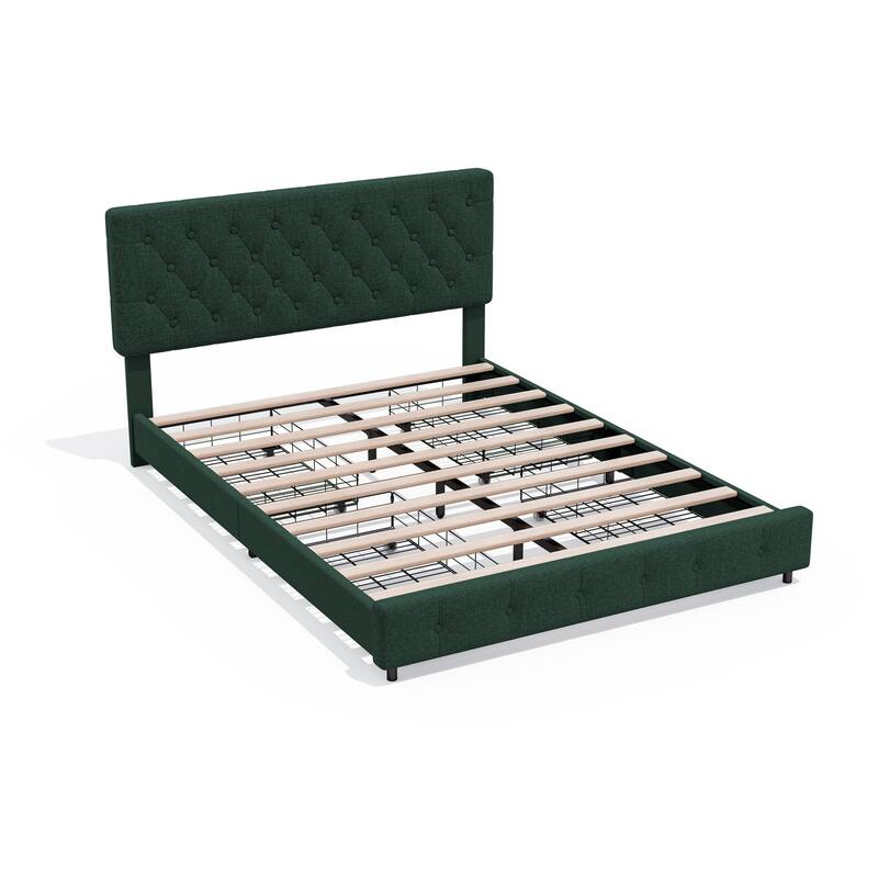 Linen Upholstered Headboard Bed Frame with Large Hidden Storage, 4 Underbed Drawers with Pulleys - Dark Green - Queen