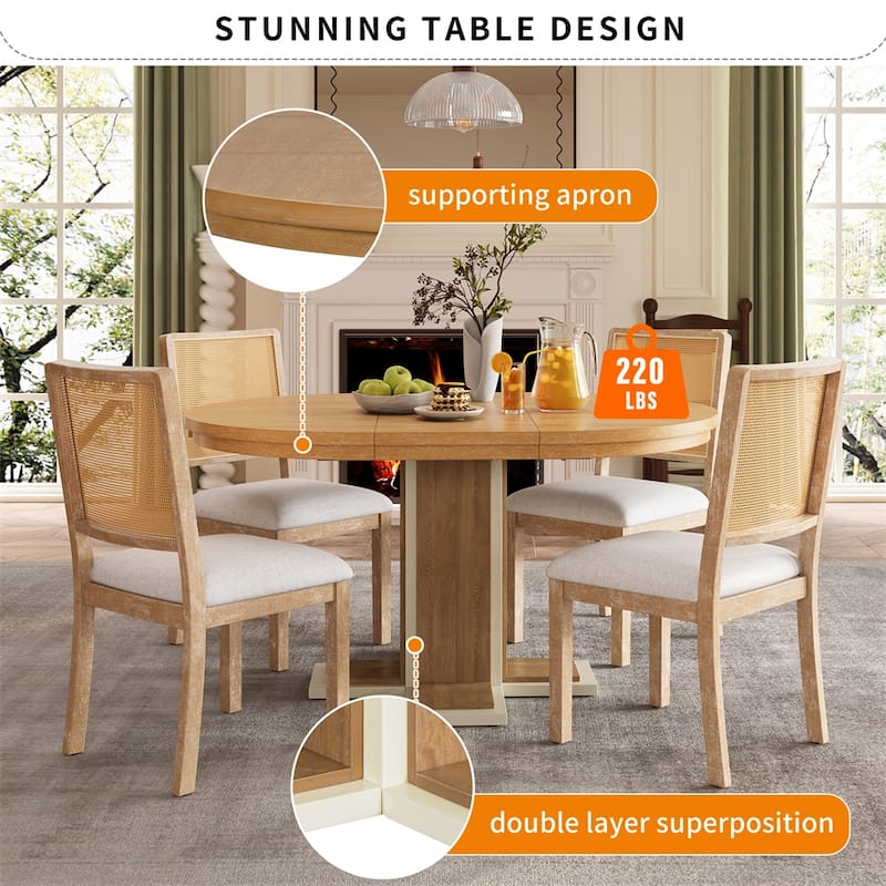 Extendable Dining Table w/16" Middle Leaf,42''-58'' Oval Dining Table - Natural Wood Wash
