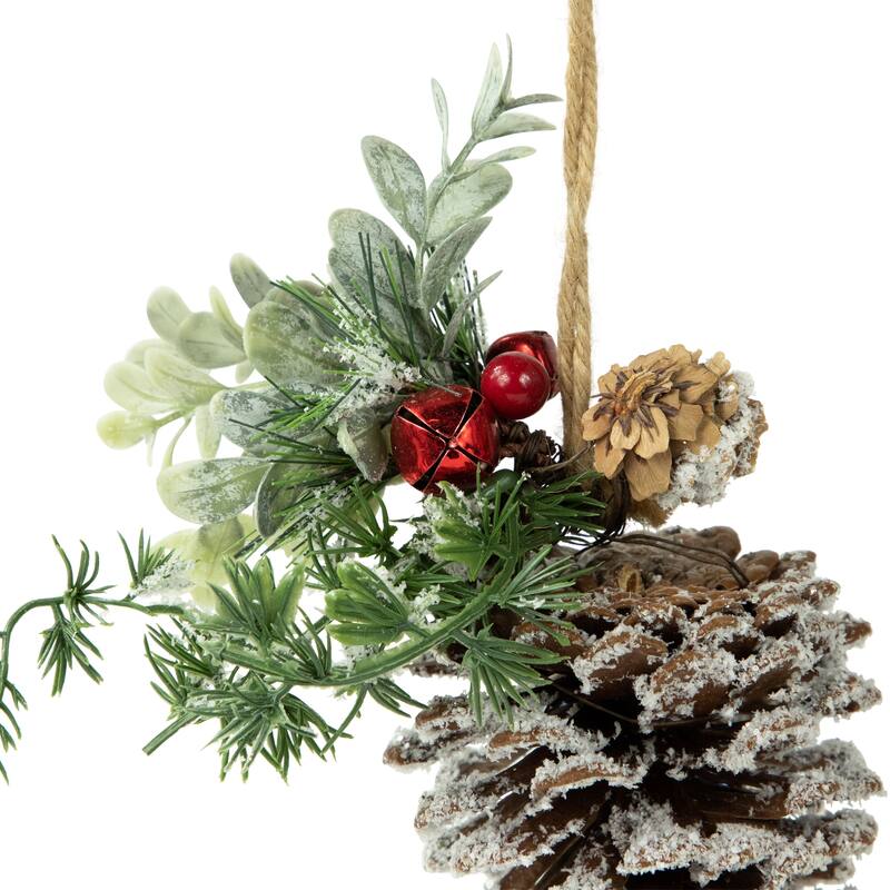 7" Pine Cone Mixed Foliage Red Jingle Bells Berries Christmas Ornament