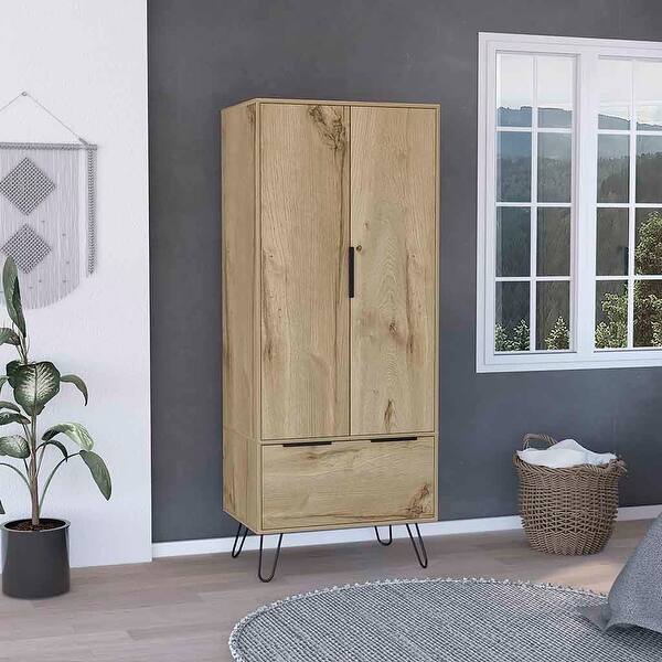 slide 2 of 7, 30.1" Modern Double-door Armoire with One Drawer and Hanging Rod for Bedroom Beige