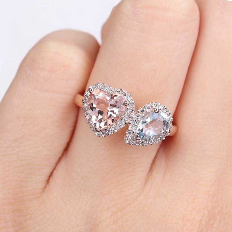 Miadora Morganite Aquamarine and 1/5ct TDW Diamond Heart-Pear Ring in 14kt Rose Gold