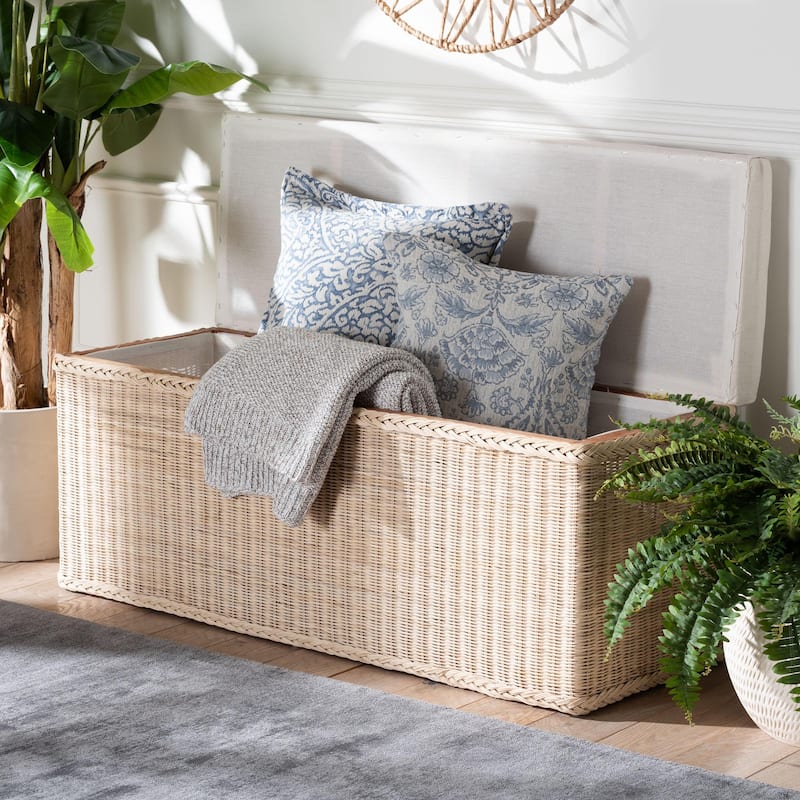 Barid Braided Natural Rattan Storage Bench with Lift-Top - Coastal Boho Chest for Bedroom or Living Room, Natural
