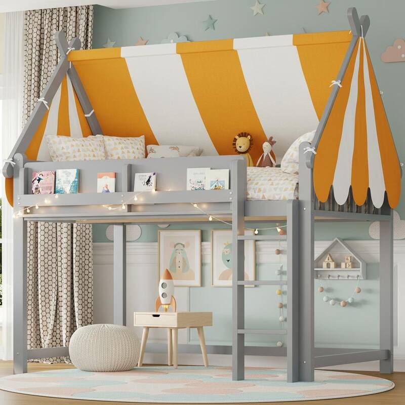 Loft Bed with Canopy, LED Fairy Lights & Front Bookshelf by Harper&Bright Designs - Grey - Full