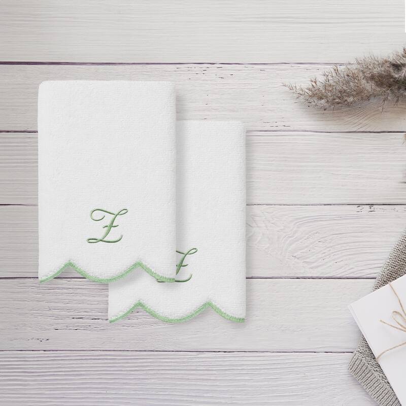 Authentic Hotel and Spa 100% Turkish Cotton Green ADORNIA Scallop Personalized 2 Piece Fingertip Towel Set - 2 Fingertip Towels
