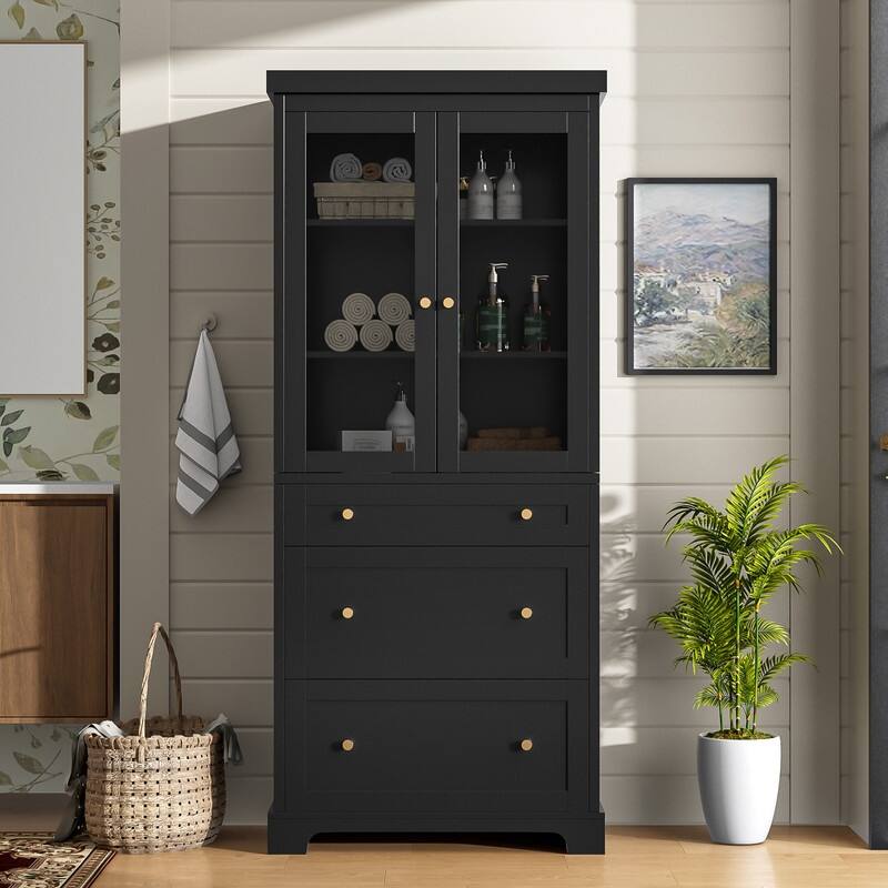 70.1" Bathroom Cabinet with 2 Adjustable Shelves, 3 Drawers, Soft Close Glass Doors - Black