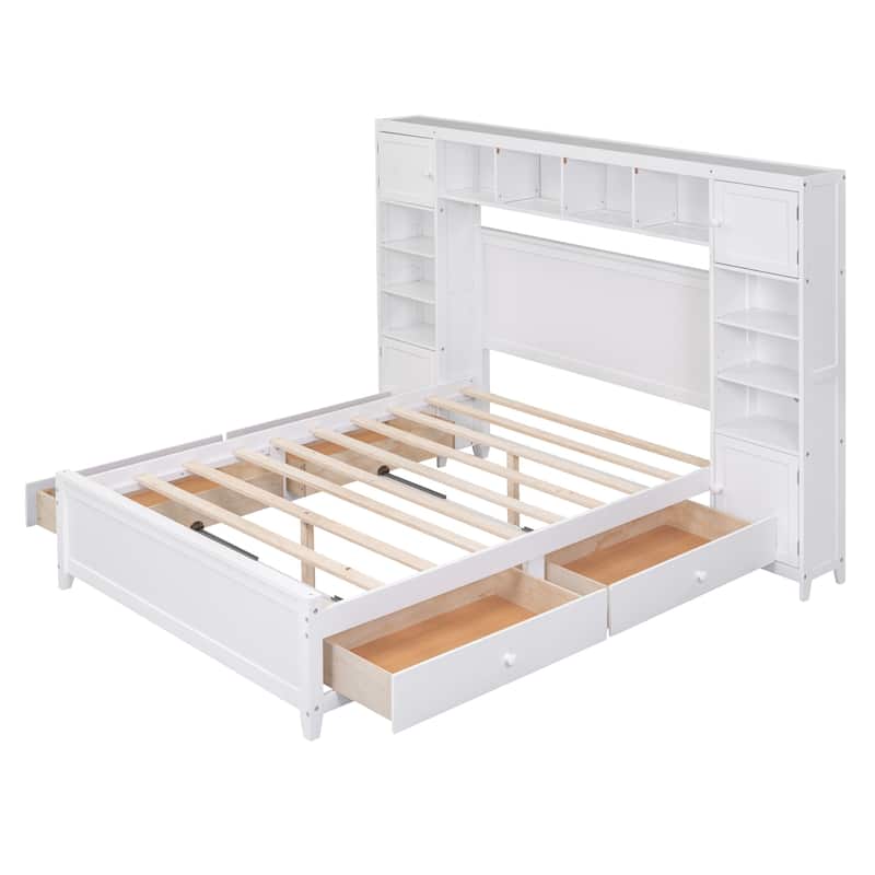White Full Wooden Platform Bed with Cabinet, Shelves, and Drawers